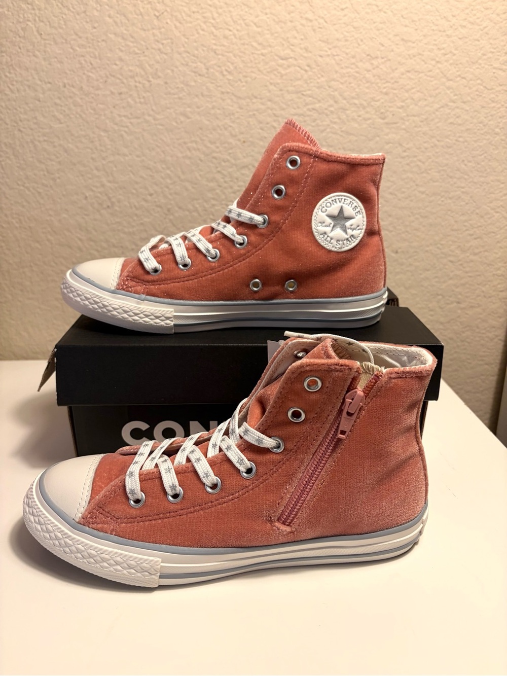 Converse Chuck Taylor All Star Side Zip Hi Rust Pink Velvet Glitter Junior 3 New